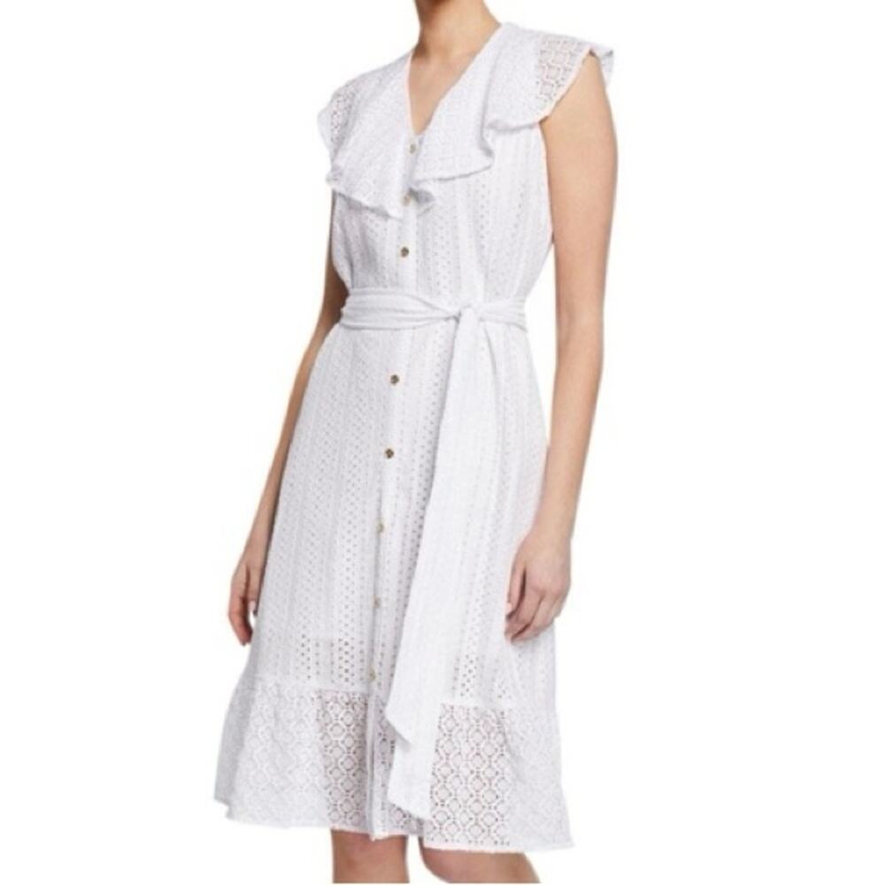 Michael Kors white eyelet ruffle belted dress size large